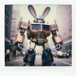 epic pose!!! giant oversized battle rabbit robot chubby mech transformers retro sport delorean double decker with giant oversized ears and rabbit babies, in busy city, full body, cinematic focus, polaroid photo, vintage, neutral dull colors, soft lights, foggy mist, by oleg oprisco, by thomas peschak, by discovery channel, by victor enrich, by gregory crewdson