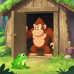 donkey kong standing in the doorway to his hut, he finds a frog on the ground