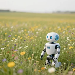 a wide angle landscape photo of a field of wild flowers being enjoyed by an up close robot, lpoty, award winning, bokeh, soft focus, photography