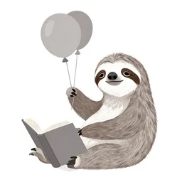 book illustration of a sloth holding balloons, book illustration, monochromatic, white background