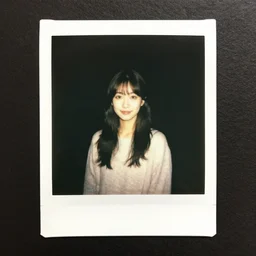 polaroid of a young japanese woman on at night, smiling gently