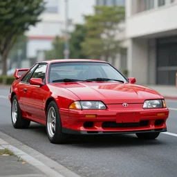 Cannon photo of red Toyota supra made in 1991 front sideview parked on street