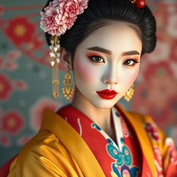 wide angle full body portrait shot of a beautiful geisha wearing flowing colourful clothes, highly detailed face, detailed eyes, alphonse mucha, rhads, ross tran, artstation, artgerm, octane render, 1 6 k