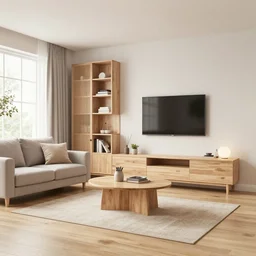 modern scandinavian living room, bright, light wood, clean, cozy, 3 d render