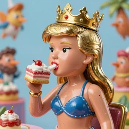 closeup profile portrait of a tin toy ivanka trump as a fairytale princess wearing a crown and eating cakes, bikini, hyper realistic, artstation, illustration, concept art by nicoletta ceccoli, mark ryden, lostfish, dan decarlo, bob clampett, max fleischer, digital paint, matte paint, vivid colors, bright, cheerful, detailed and intricate environment