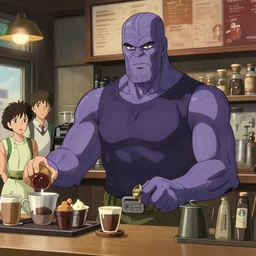 thanos working at starbucks but it is a slice of life anime, by hayao miyazaki and yusuke murata and makoto shinkai and ross tran, intricate detail, cinematic, 8 k, cel shaded, unreal engine, featured on artstation, pixiv, anime style