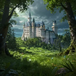 beautiful landscape and a castle, green grass, highly detailed, crystal lighting, mystical, forest, hyperrealistic, 4 k, unreal engine, dramatic lighting, magical