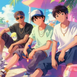 beautiful anime painting of hiphop solarpunk summertime chill, by eddie mendoza, ching yeh, etienne hebinger, jef wu. trending on artstation, 8 k, graffiti, masterpiece, fine detail, intricate detail, golden ratio illustration, face enhance