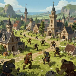 fantasy town getting raided by Orcs, 4k, digital drawing