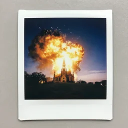polaroid photo of a firey explosion in a gothic church on a hill