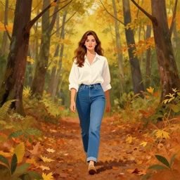 centre portrait of a girl with white shirt and blue jeans, long brown hair, walking through forest!!, autumn, symmetry, retro 8 0 s style, colourful, accurate, realistic illustration, art by peter elson