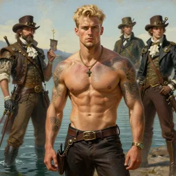 handsome tattooed blonde gym bro by the water, steampunk painting by artgerm, gaston bussiere, craig mullins, j. c. leyendecker, tom of finland
