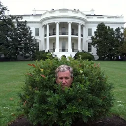 george w bush hiding in a bush in front of the whitehouse, security cam footage, grainy