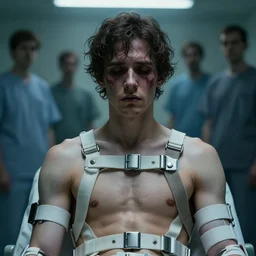 realistic portrait of a depressed person in a straightjacket, cinematic movie scene, hospital background, horror, high detailed, smooth draw, intricate, realistic proportions, dramatic lighting, trending on artstation, wlop, rossdraws, james jean, andrei riabovitchev, marc simonetti, and sakimichan, trending on artstation