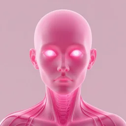 silhouette, inhuman, pink, portrait close up, angled, plastic, glowing eyes, flat background, centered, symmetrical, glowing, wires everywhere, by edgar maxence and ross tran, zdzisław beksinski, and michael whelan, distant, gustav dore, h. r. giger, 8 k, octane render