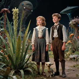 detailed, sharp, a girl and a boy standing next to some strange wild alien plants, looking happy, wearing 1840s era clothes, their small pet tiny alien creature is standing nearby, in a park on a strange alien planet, extremely highly detailed, in focus faces, 70mm still from a classic period sci fi color blockbuster movie, 4k, 35mm macro lens, cinematic lighting, sharp focus