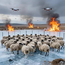 a shepard herds robottic sheep into a pen made of ice, the landscape is barren and filled with flames as drones litter the sky