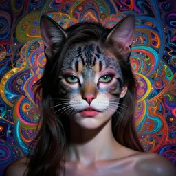 lsd, acid trip, a beautiful woman with ( cat ) features, dramatic lighting, by lois van baarle, artgerm, wlop, greg rutkowski, ultra detailed colorful repeating fractals in the background by moebius, beeple, artstation