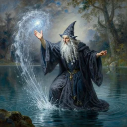 attractive wizard casting water spell in a beautiful lake. highly detailed painting by gaston bussiere, craig mullins, j. c. leyendecker 8 k