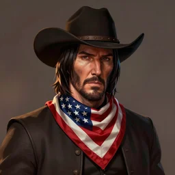 a portrait of john wick with a cowboy hat on with an American flag scarf, D&D, sci-fi, elegant, hopeful, muscular, highly detailed, digital painting, artstation, concept art, smooth, sharp focus, illustration