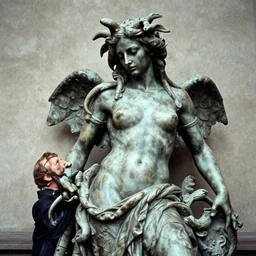 a man frozen to statue by medusa, ww1 film photo, grainy, high detail, high resolution