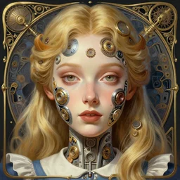 symmetry!! alice in wanderland, machine parts embedded into face, intricate, elegant, highly detailed, digital painting, artstation, concept art, smooth, sharp focus, illustration, art by artgerm and greg rutkowski and alphonse mucha, 8 k