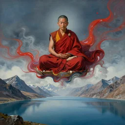 abstract paint of a tibetan monk in lotus position flying over himalaya mountains lake in weightlessness in traditional red cloth with high liquid abstract shader deformations, small foggy and blue gloomy, highly detailed, photorealistic, abstract science fiction paint by salvador dali, jeremy geddes