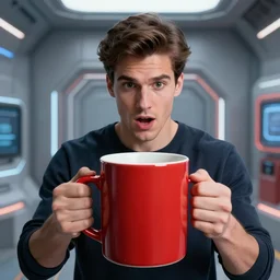 portrait of a red oversize ceramic mug of coffee in a futuristic setting, an aroused young handsome italian man looking into the mug, 3 d photorealistic, parts by beksinski, parts by goro fujita, parts by yue minjun, by filip hodas