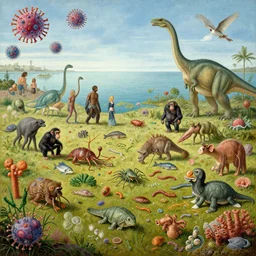 all of evolution as a striking detailed painting, sky and water and land, viruses, humans, bacteria, invertebrates, chimpanzee, neanderthal, dinosaurs, reptiles, fish, mammals, worms, corals, fungi, bacteria, viruses, animals, plants, flagellates, arachnids, snails, squid, birds, bivalves