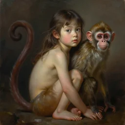 A painting of a girl with a monkey tail, furry tail, matte painting