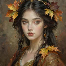 a graceful autumn goddess, enigmatic beauty, esoteric, muted colors, head in focus, autumn aesthetics, intricate details, elegant, highly detailed, hyperrealistic painting, concept art, painterly, sharp focus, art by anne dittman