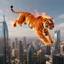 tiger of fire flying, tiger of fire flying, tiger of fire flying in the sky accurate anatomy, over a contemporary city, high tech skyscrapper scenery, massive architecture, realistic, precise, sharp, high quality, ultrarrealistic, octane render, unreal engine, povray, raytracing, volumetric light, hdr