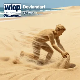 a man made of sand, slowly dissolving due to wind, on huge beach, close - up, digital art by wlop, deviantart contest winner, fantasy art, digital illustration, digital painting, photoillustration