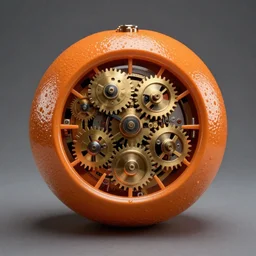 orange with clockwork mechanisms inside of it, high definition, professional artwork, mood lighting