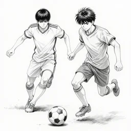 a manga sketch of two boys playing cyberpunk soccer, black and white, pencil sketch, in the style of yoji shinkawa and takehiko inoue