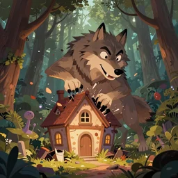 a cartoonish big wolf is destroying a house in a mystical forest full of wonders, warm lighting, magical atmosphere, trending on artstation, 30mm, by Noah Bradley trending on ArtStation, deviantart, high detail, stylized portrait