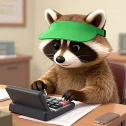 cartoon raccoon doing his taxes using a mechanical calculator and wearing a green visor, detailed,
