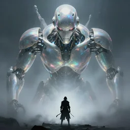 an award winning portrait of a gigantic iridescent cyborg looking down on a small warrior silhouette, ominous, ethereal, misty, volumetric fog, beautiful specular illumination, smooth, dynamic, artstation, octopath traveler, by greg rutkowski, artgerm, jeremy mann, 8 k