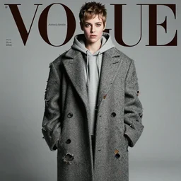 vogue magazine cover : full - body portrait of shortpixiecut sadie sink as in a ruined oversized man's coat and hoodie, ultrarealistic, photorealistic, intricate detail, photograph by anne leibovitz