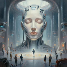 professional painting of monumental conscious supercomputer with huge - cybernetic - face!!!! in the center of endless colossal room talking with small people, trending on artstation, cyberpunk, sci - fi, futuristic, by greg rutkowski and maciej kuciara, high quality
