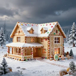professional high quality wide - angle digital art from 5 0 feet in the distance of a home designed by frank lloyd wright. but, the life size home is made out of gingerbread cookies and colorful gumdrops. it's a wintery delight. digital art, photorealistic, epic fantasy, awe inspiring, dramatic lighting, cinematic, extremely high detail, cinematic lighting, trending on artstation, artstation, cgsociety, 3 d octane unreal engine, 4 k, hq,