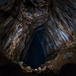 beautiful double exposure landscape photography of a deep cark cave combined with a clear shot of space, dark ambient lighting, breathtaking concept art
