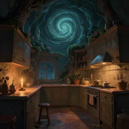weird perspective epic illustration of a kitchen dim lit by 1 candle in a scenic spiral environment by anton fadeev from lorax movie