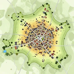 medieval map of small town, houses and roads, Voronoi regions