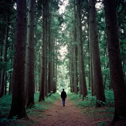 a person walking through a forest with tall trees, a photo by kazys varnelis, trending on flickr, naturalism, photo taken with provia, photo taken with ektachrome, photo taken with fujifilm superia