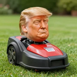 a robot lawn mower looking like donald trump