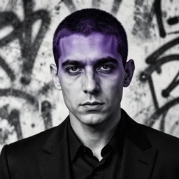 highly detailed closeup portrait of gem djinn really short gradient, cool old guy, black suit by atey ghailan, by greg rutkowski, by greg tocchini, by james gilleard, by joe fenton, by kaethe butcher, gradient dark purple, black and white color scheme, grunge aesthetic!!! ( ( graffiti tag wall background ) )