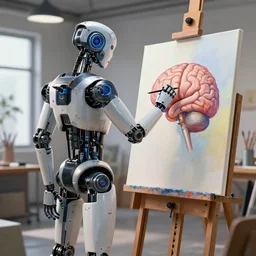 photorealistic illustration of a sci - fi robot standing in a modern artist's studio, making a beautiful painting of a human brain on a canvas, artstation, deviantart