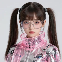 classy elegant sophisticated very up close portrait of a cute dainty young naughty girl, big glasses ， pigtail ， cyber future jacket, ultra detailed wire decoration, pink future mechanical transparent scarf, big eyes, fantasy art by nixeu and guweiz and ilya kuvshinov, sleek curves, intricate sharp focus, trending on artstation hq, deviantart, pinterest, unreal engine