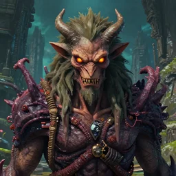 full - face close - up portrait, the primal god of the wild who slowly turns his worshipers into twisted animalistic monsters by bruce brenneise and peter mohrbacher and hayao miyazaki, alien ancient ruins in background, 3 d render, neosurrealism. digital concept art, pixel art, rendered in octane, trending on cgsociety, trending on artstation